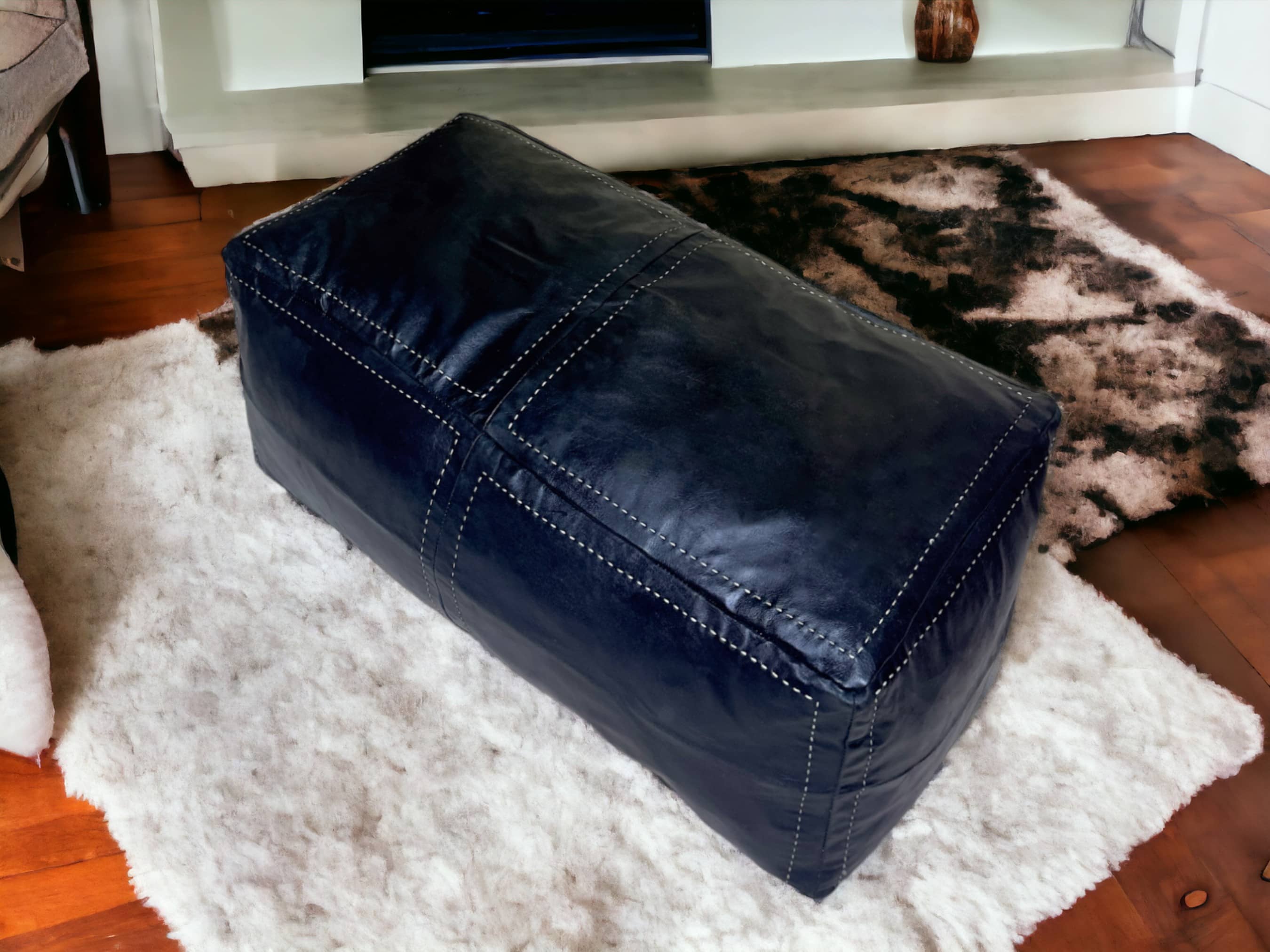 Authentic Moroccan Black Leather Poufs: Handcrafted Elegance by Artisans-2