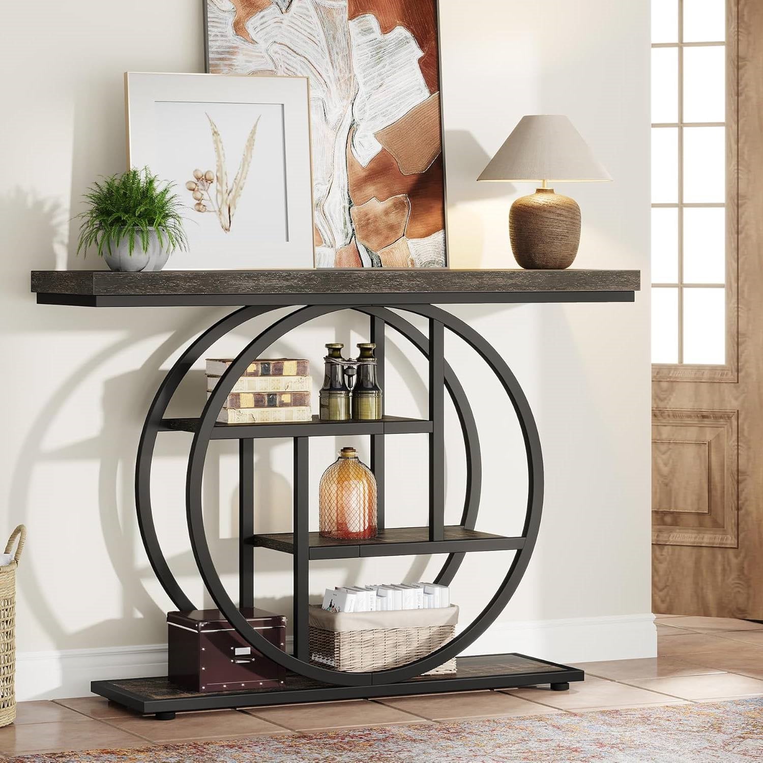 Modern 41-inch Circular Base Foyer Entryway Table with Black Wood Finish Shelves-0