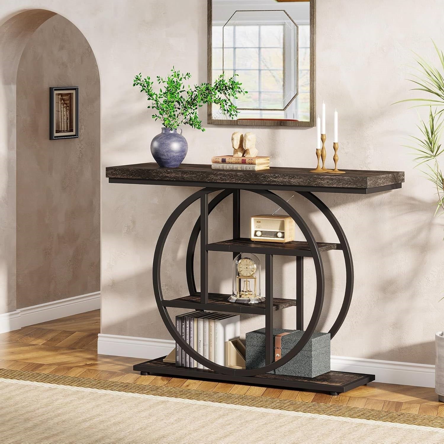 Modern 41-inch Circular Base Foyer Entryway Table with Black Wood Finish Shelves-1