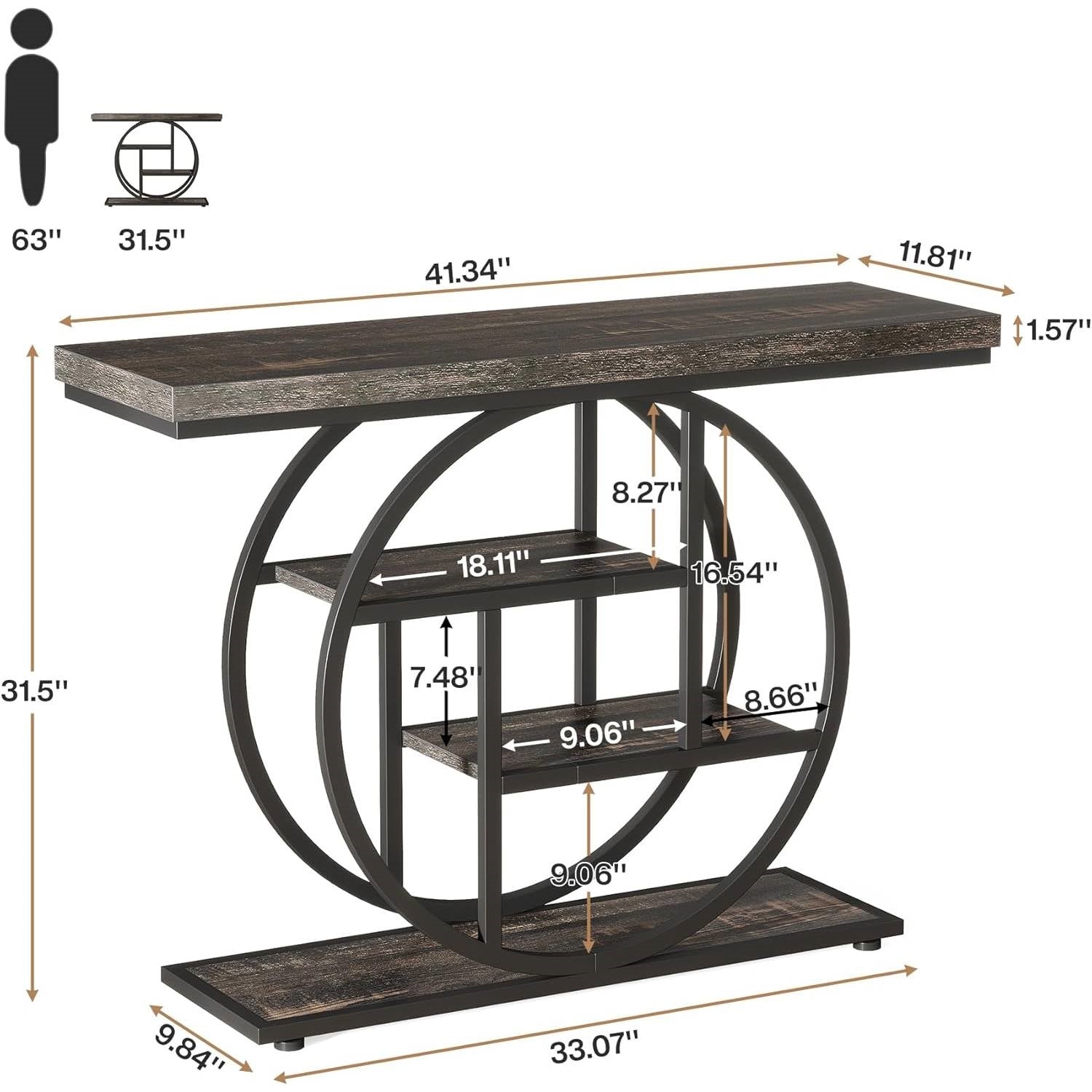 Modern 41-inch Circular Base Foyer Entryway Table with Black Wood Finish Shelves-4