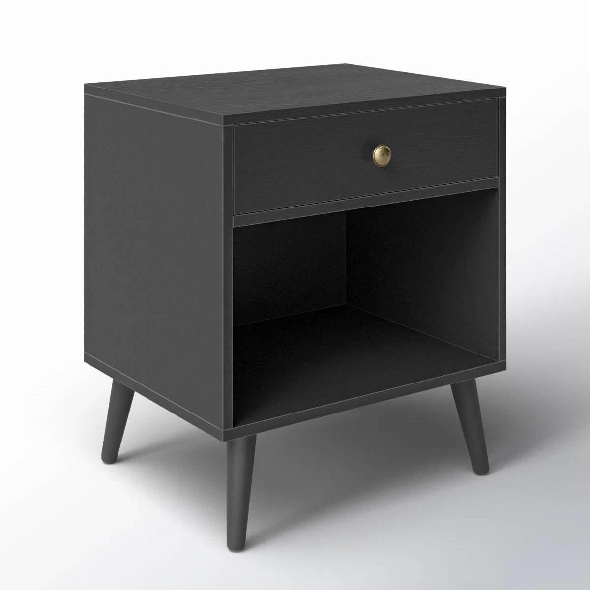 Mid-Century Farmhouse 1-Drawer Nightstand with Open Shelf in Black Wood Finish-1