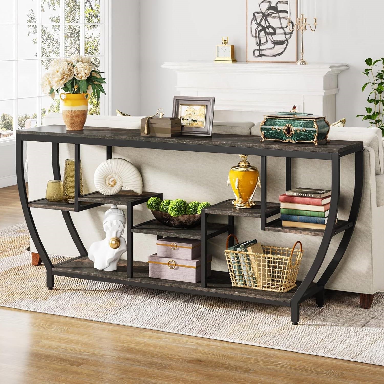 Modern Industrial 70-inch Long Narrow Console Sofa Table with Black Wood Shelves-0
