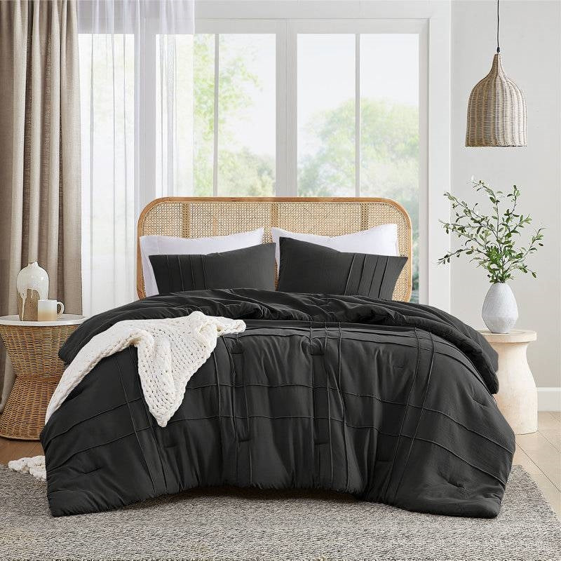Full/Queen size Pre-Washed Pleated Microfiber Comforter Set in Black-0