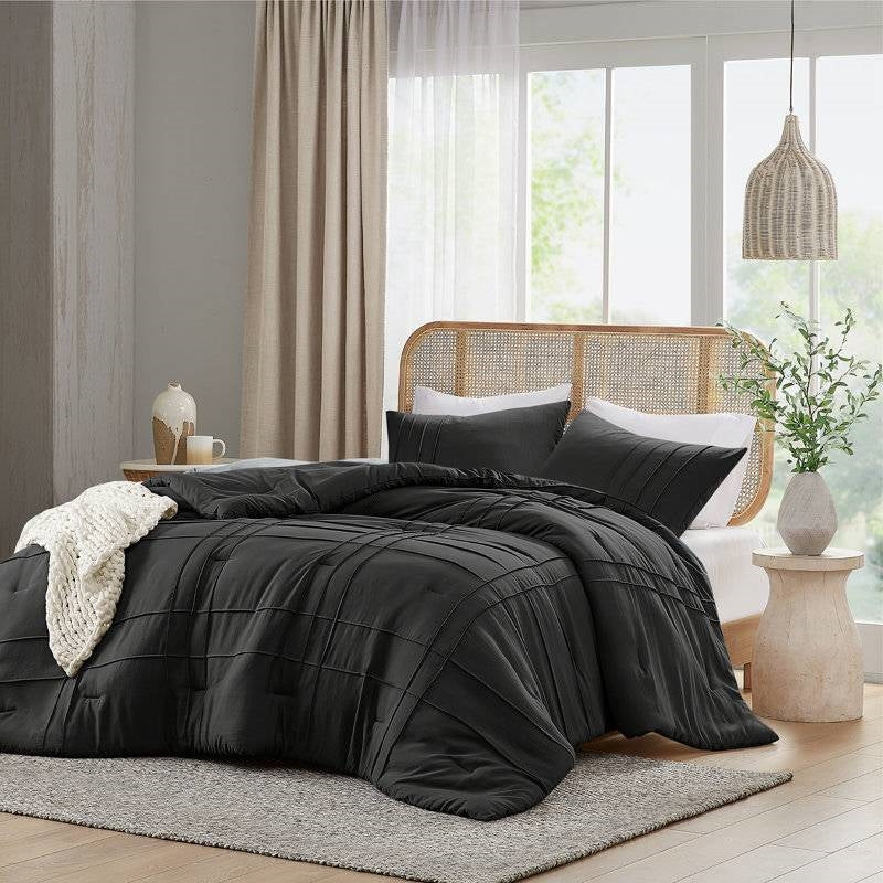 Full/Queen size Pre-Washed Pleated Microfiber Comforter Set in Black-1