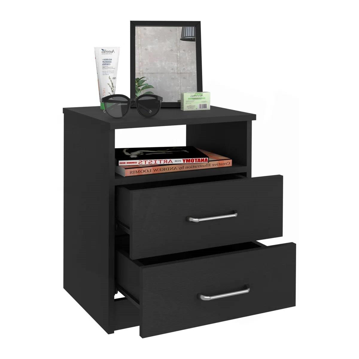 Modern 2-Drawer Nightstand End Table with Open Shelf in Black Wood Finish-0