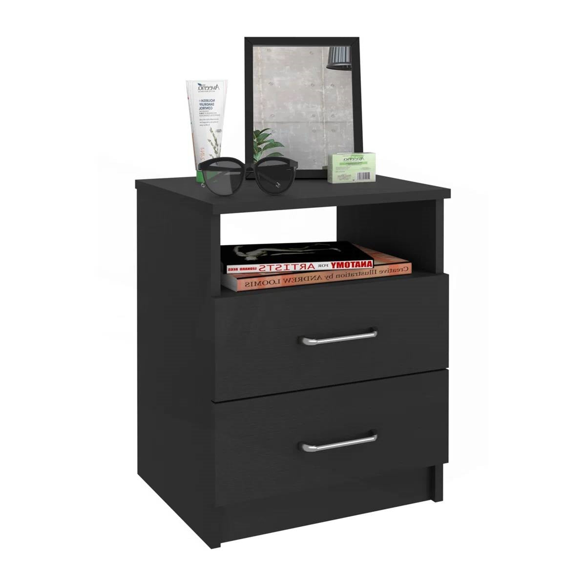 Modern 2-Drawer Nightstand End Table with Open Shelf in Black Wood Finish-1