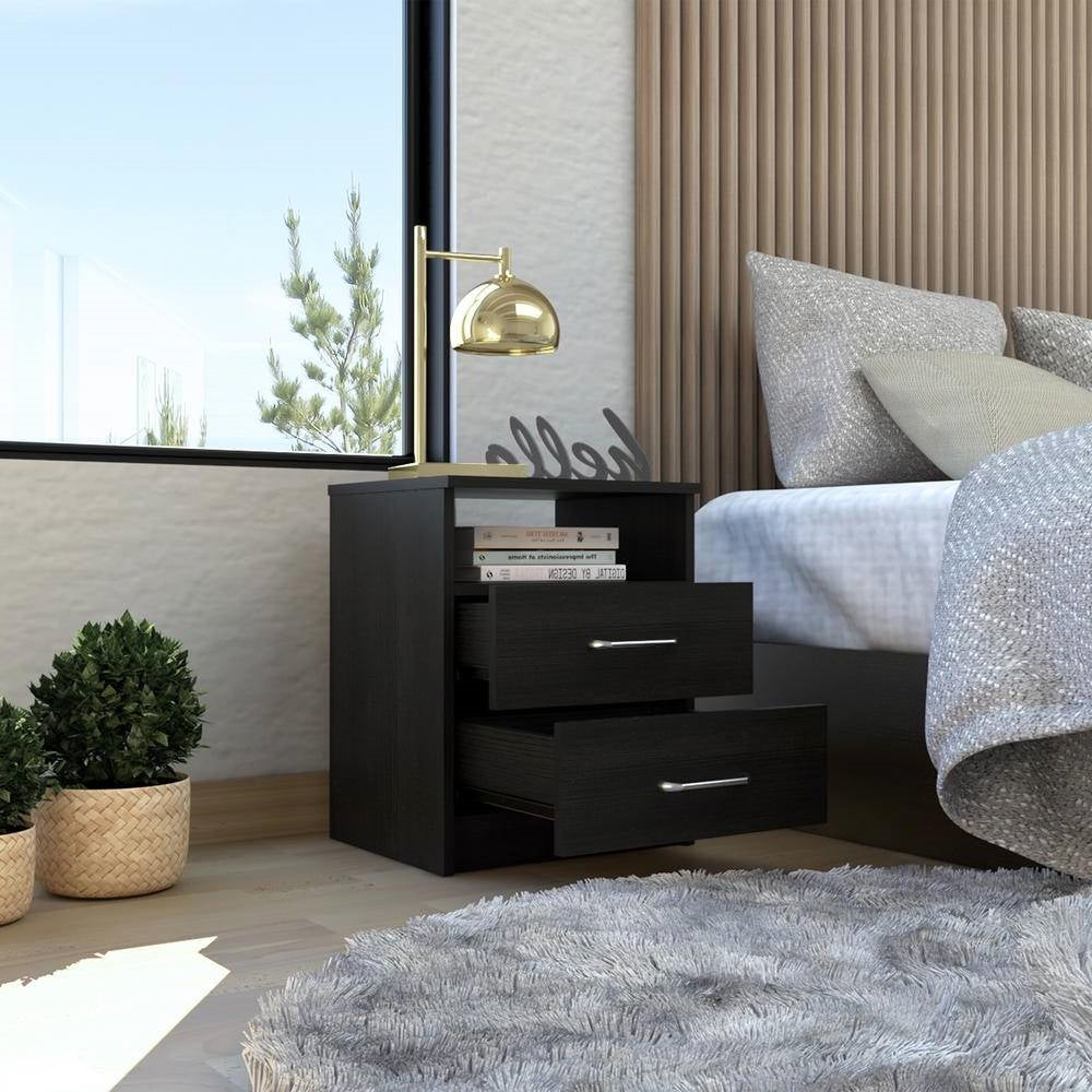 Modern 2-Drawer Nightstand End Table with Open Shelf in Black Wood Finish-3