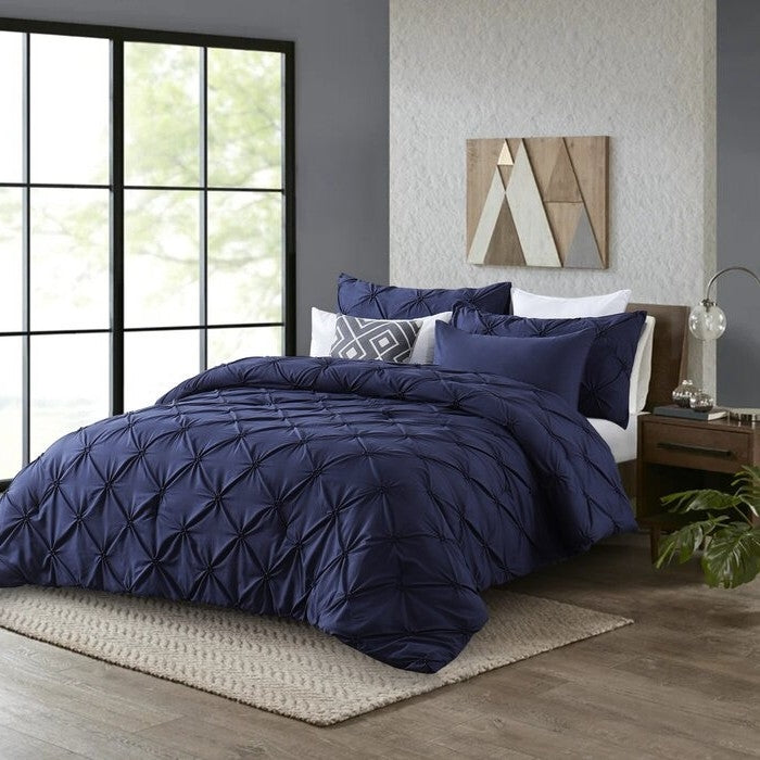 King Size All Season Pleated Hypoallergenic Microfiber Reversible 3 Piece Comforter Set in Navy-1