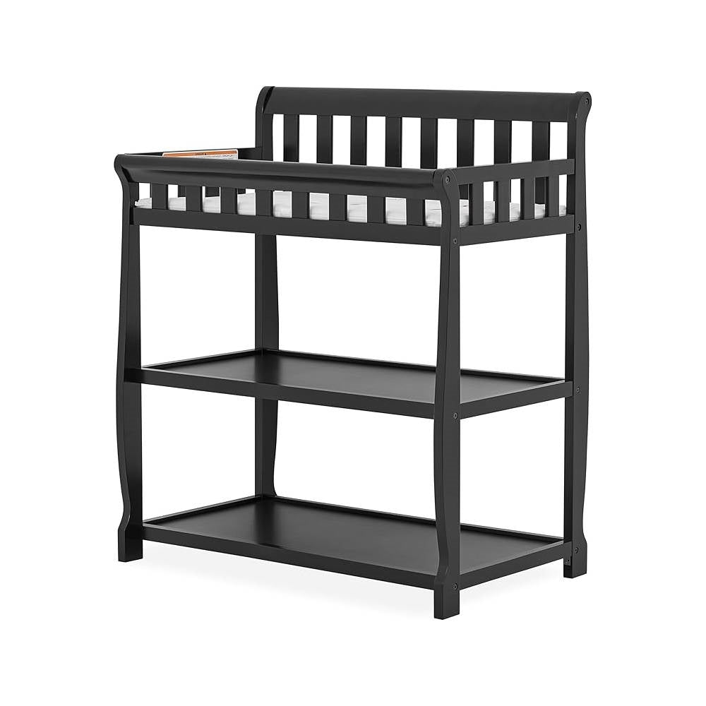 Modern Black Wooden Baby Changing Table with Safety Rail Mattress Pad and Strap-0