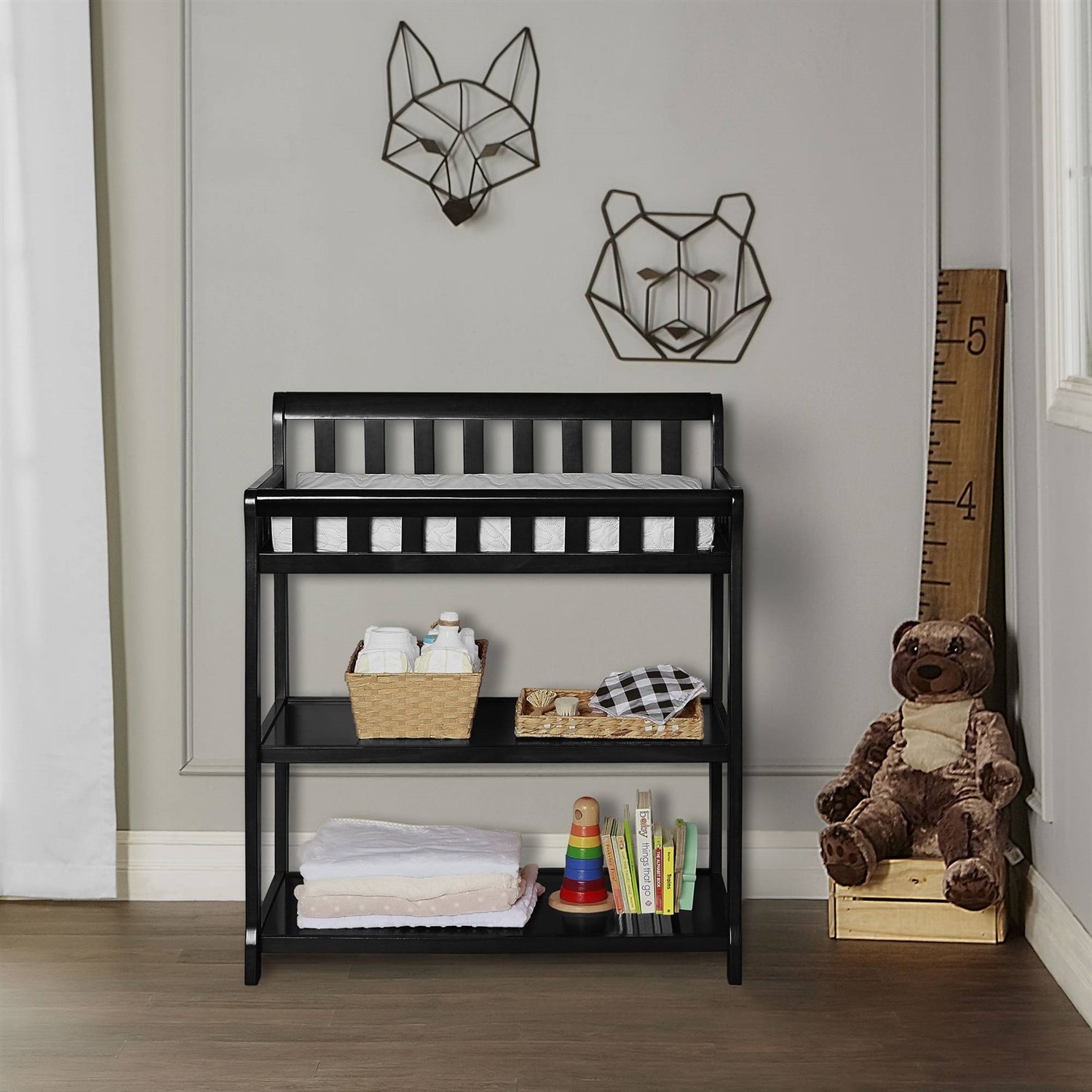 Modern Black Wooden Baby Changing Table with Safety Rail Mattress Pad and Strap-2