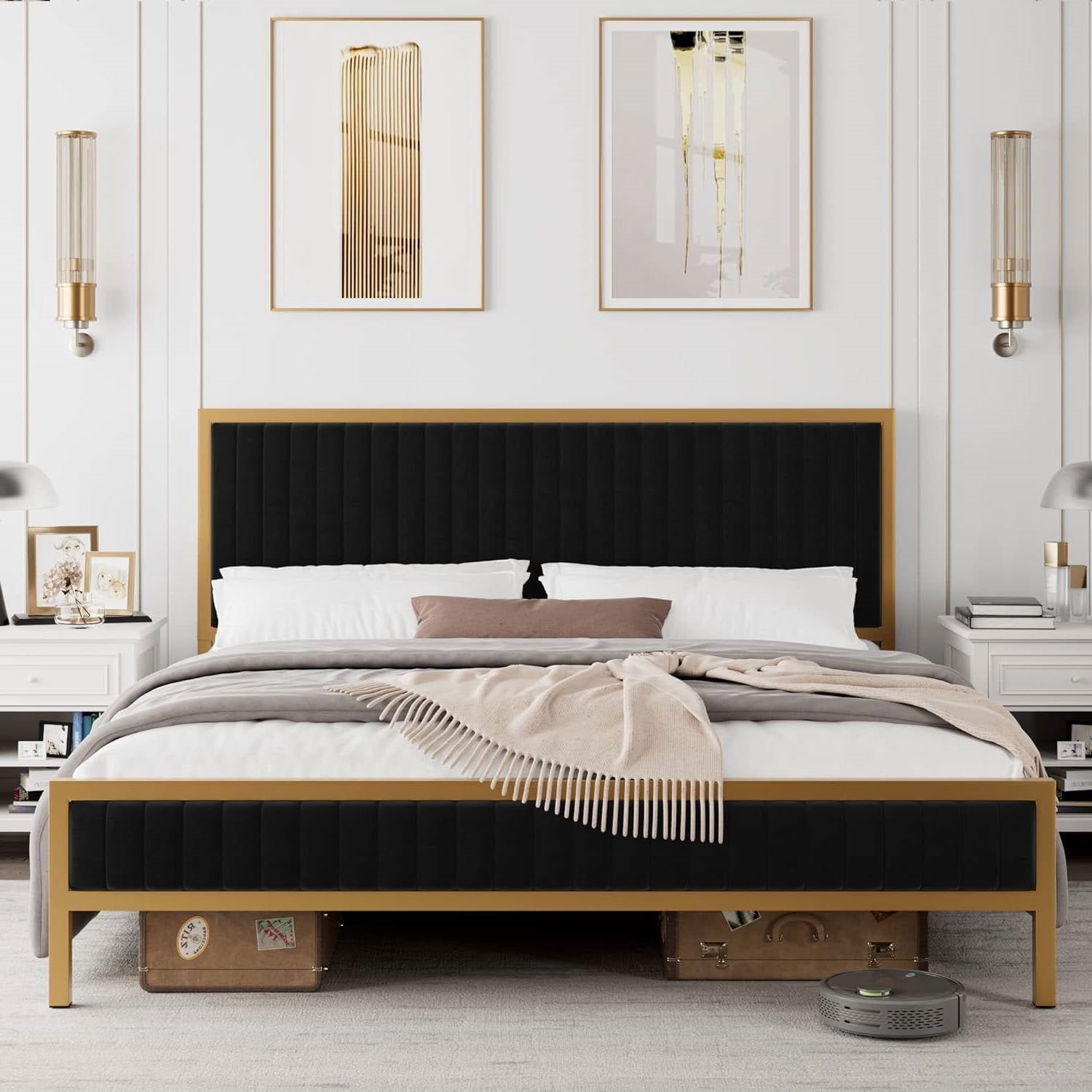 King size Gold Metal Platform Bed Frame with Black Velvet Upholstered Headboard-0