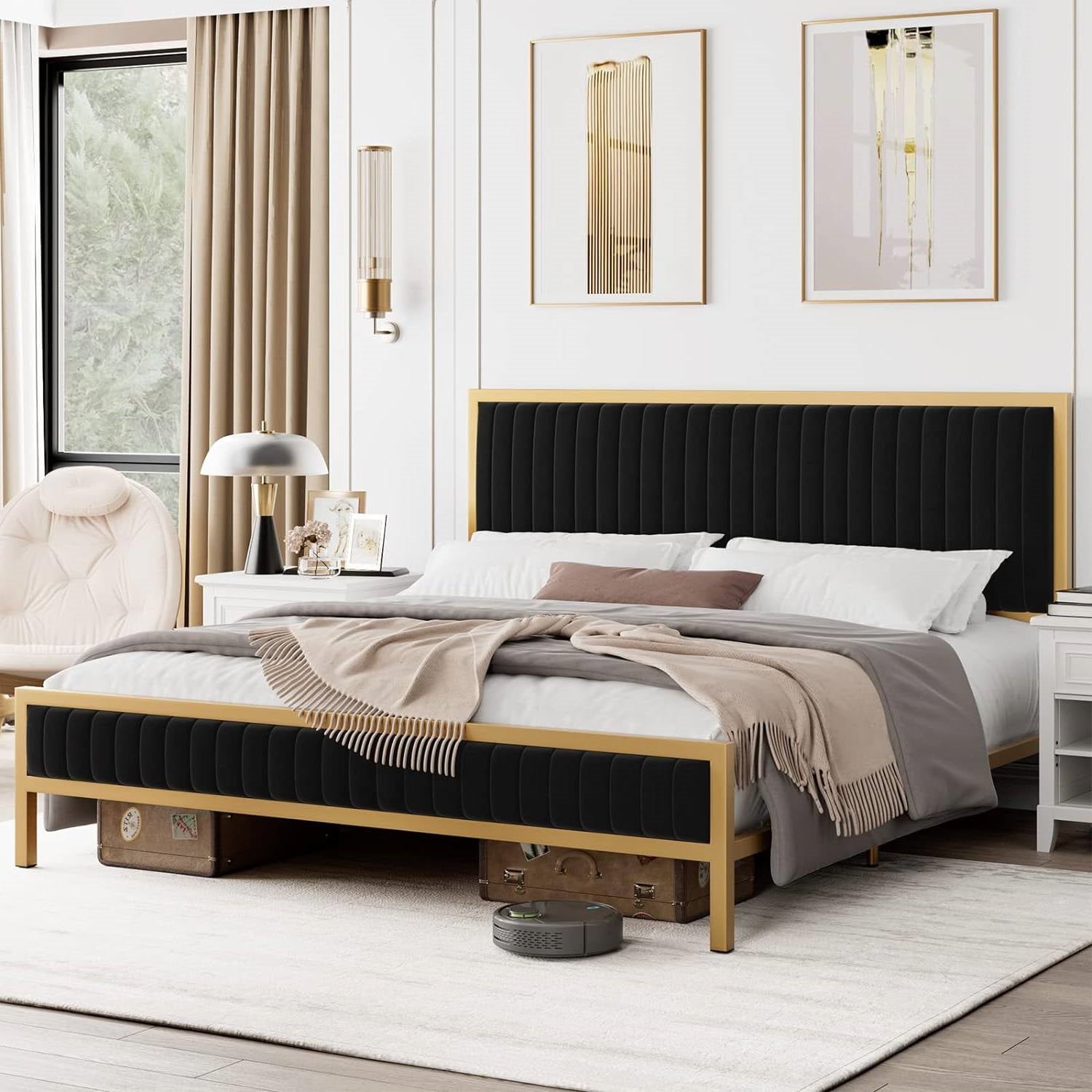 King size Gold Metal Platform Bed Frame with Black Velvet Upholstered Headboard-2