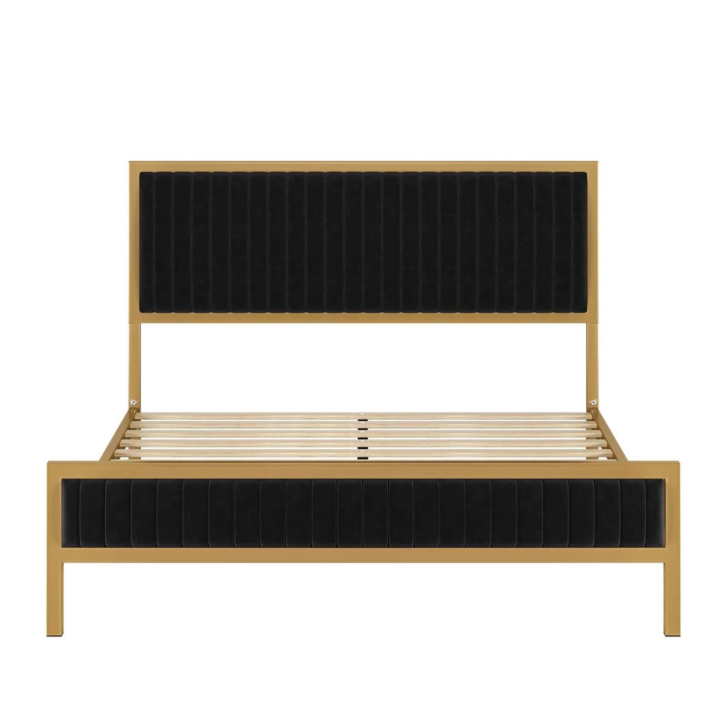 King size Gold Metal Platform Bed Frame with Black Velvet Upholstered Headboard-3