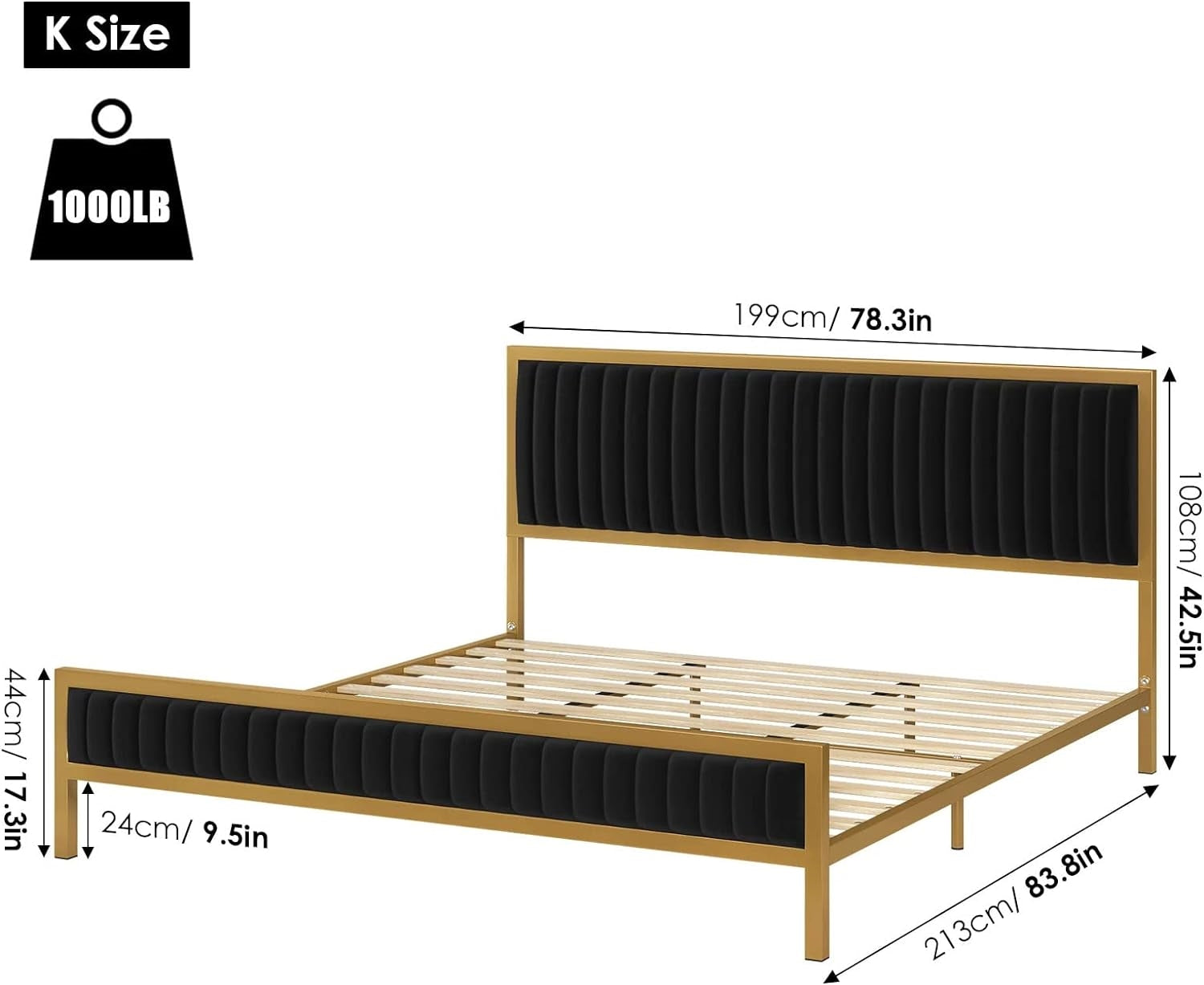 King size Gold Metal Platform Bed Frame with Black Velvet Upholstered Headboard-4