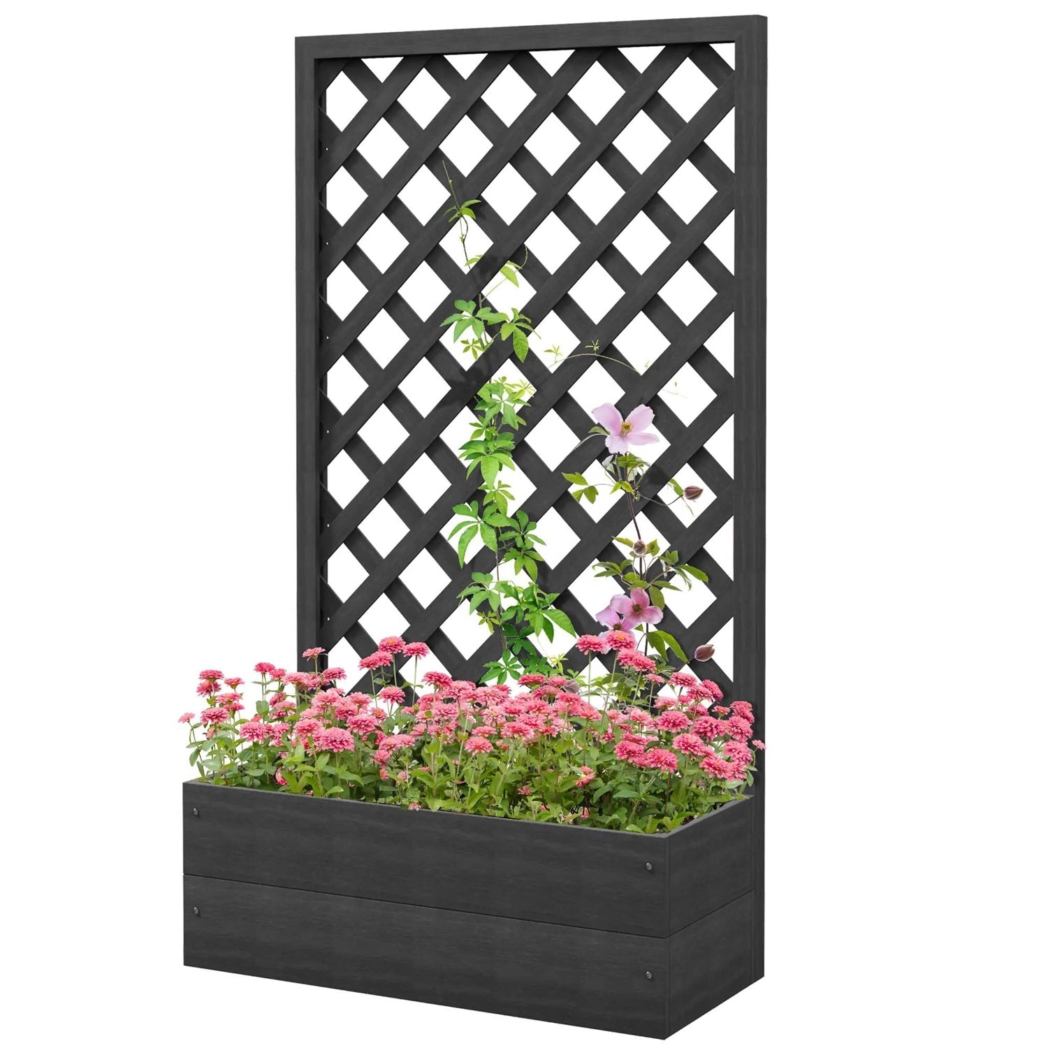 Outdoor Black Wooden Raised Garden Bed Planter Box with Lattice Trellis-0