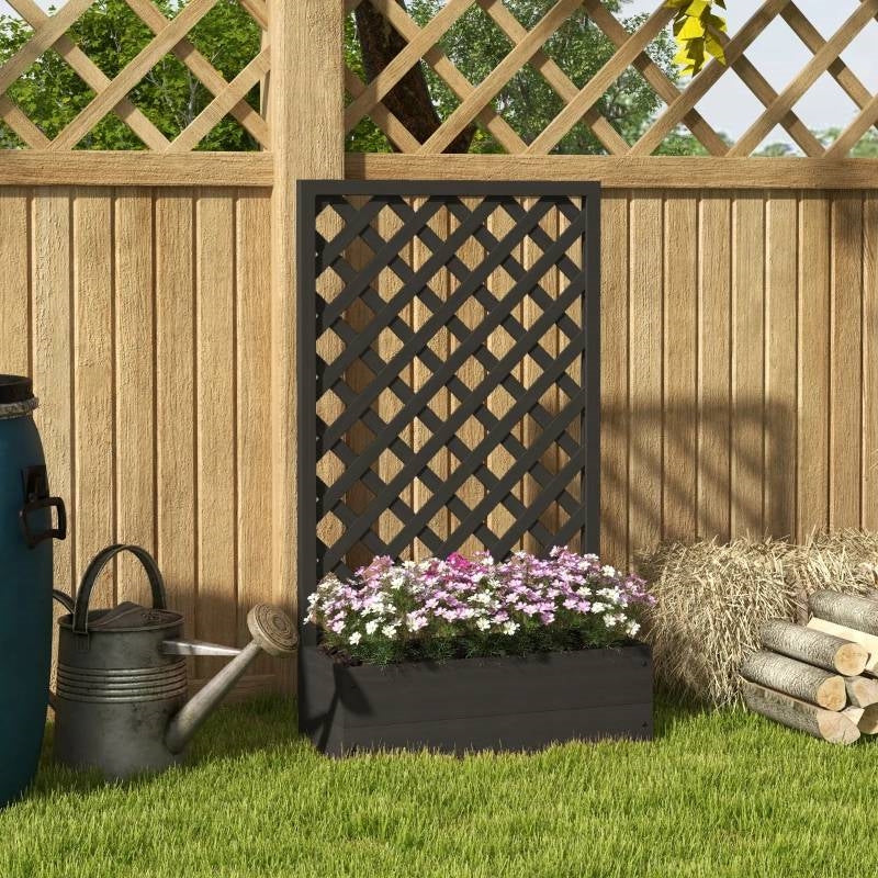 Outdoor Black Wooden Raised Garden Bed Planter Box with Lattice Trellis-1