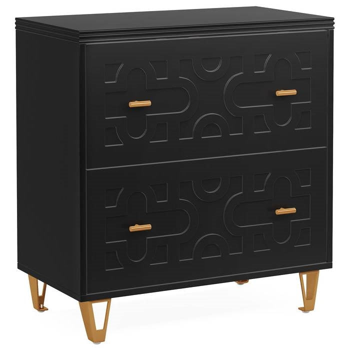 Retro Black/Gold Geometric Scroll 2 Drawer Filing Cabinet Printer Stand-0