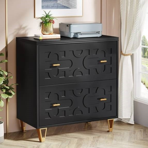 Retro Black/Gold Geometric Scroll 2 Drawer Filing Cabinet Printer Stand-2