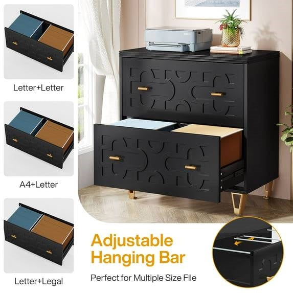 Retro Black/Gold Geometric Scroll 2 Drawer Filing Cabinet Printer Stand-3