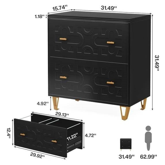 Retro Black/Gold Geometric Scroll 2 Drawer Filing Cabinet Printer Stand-4