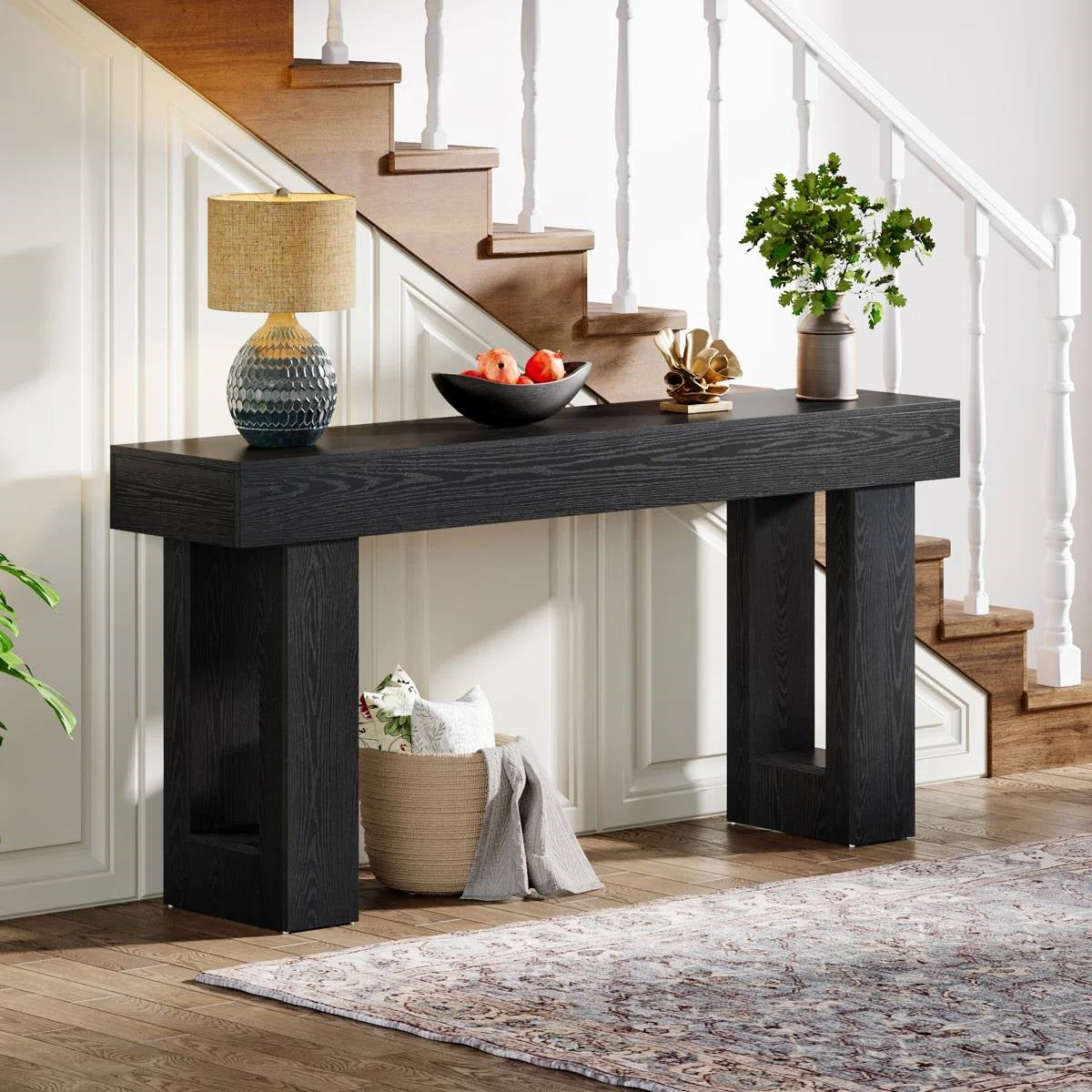 Modern Farmhouse 63-inch Narrow Entryway Console Sofa Table in Black Wood Finish-0