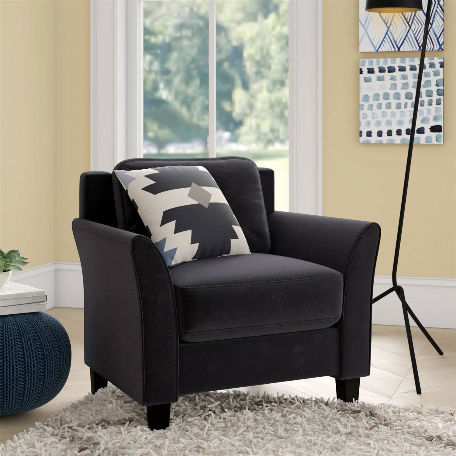 Black Microfiber Upholstered Armchair Flared Arm Chair with Tufted Back Cushion-2