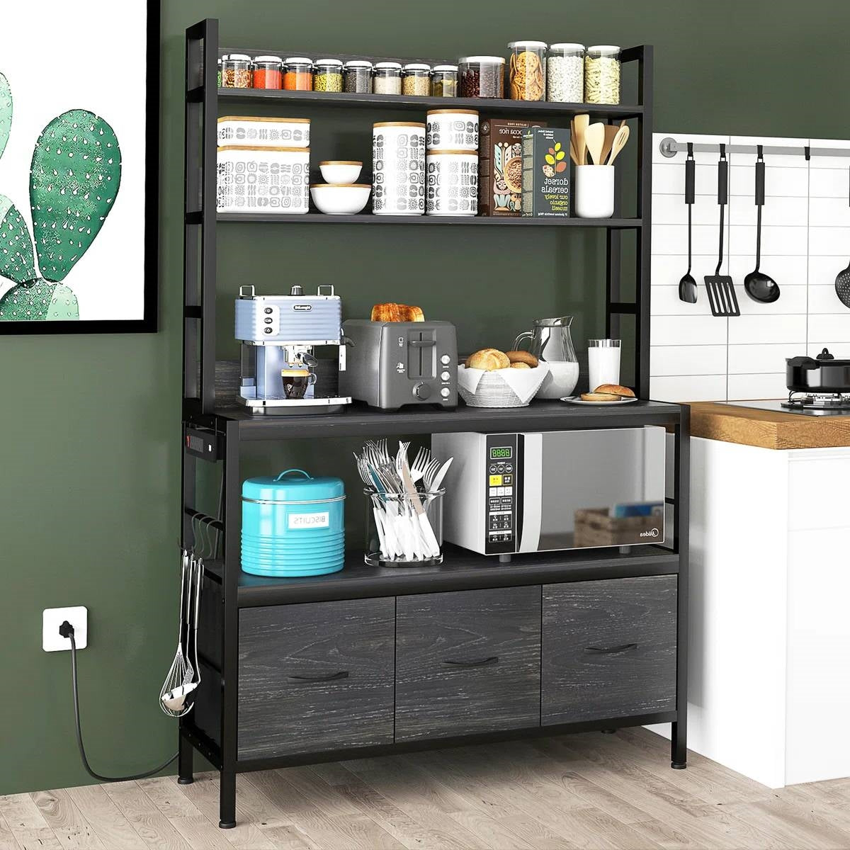 Black Metal Kitchen Baker's Rack 4-Shelves with Bottom Storage Cabinets-2