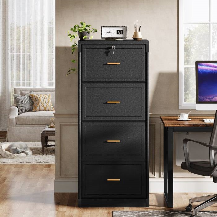 Vertical File Cabinet in Black Wood Finish with 4 Lockable Storage Drawers-2