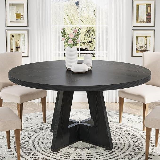 Modern Farmhouse 47-inch Round Kitchen Dining Table in Black Wood Finish-1