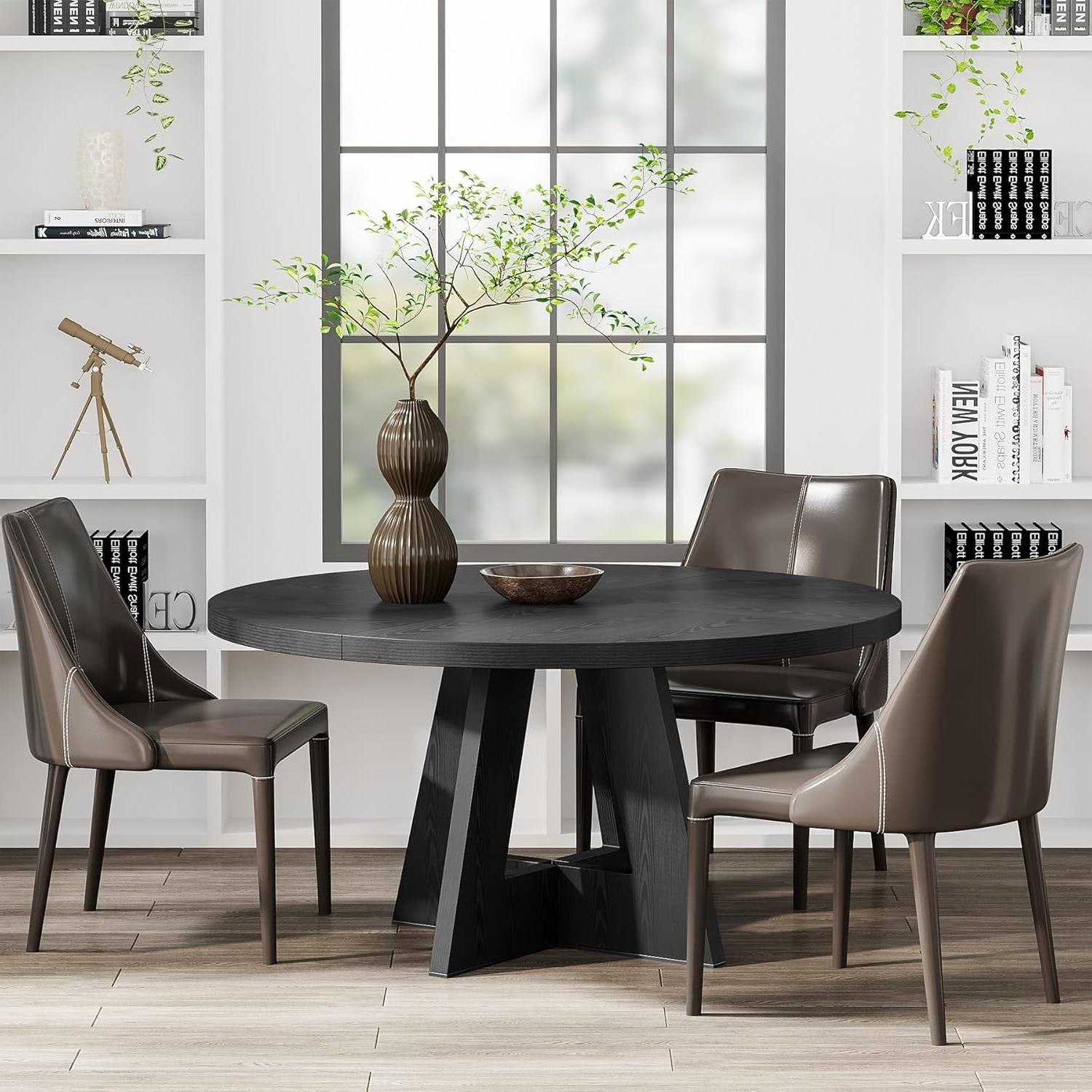 Modern Farmhouse 47-inch Round Kitchen Dining Table in Black Wood Finish-2