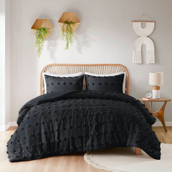 Twin/Twin XL 2 Piece Pompom Microfiber Hypoallergenic Comforter Set in Black-1