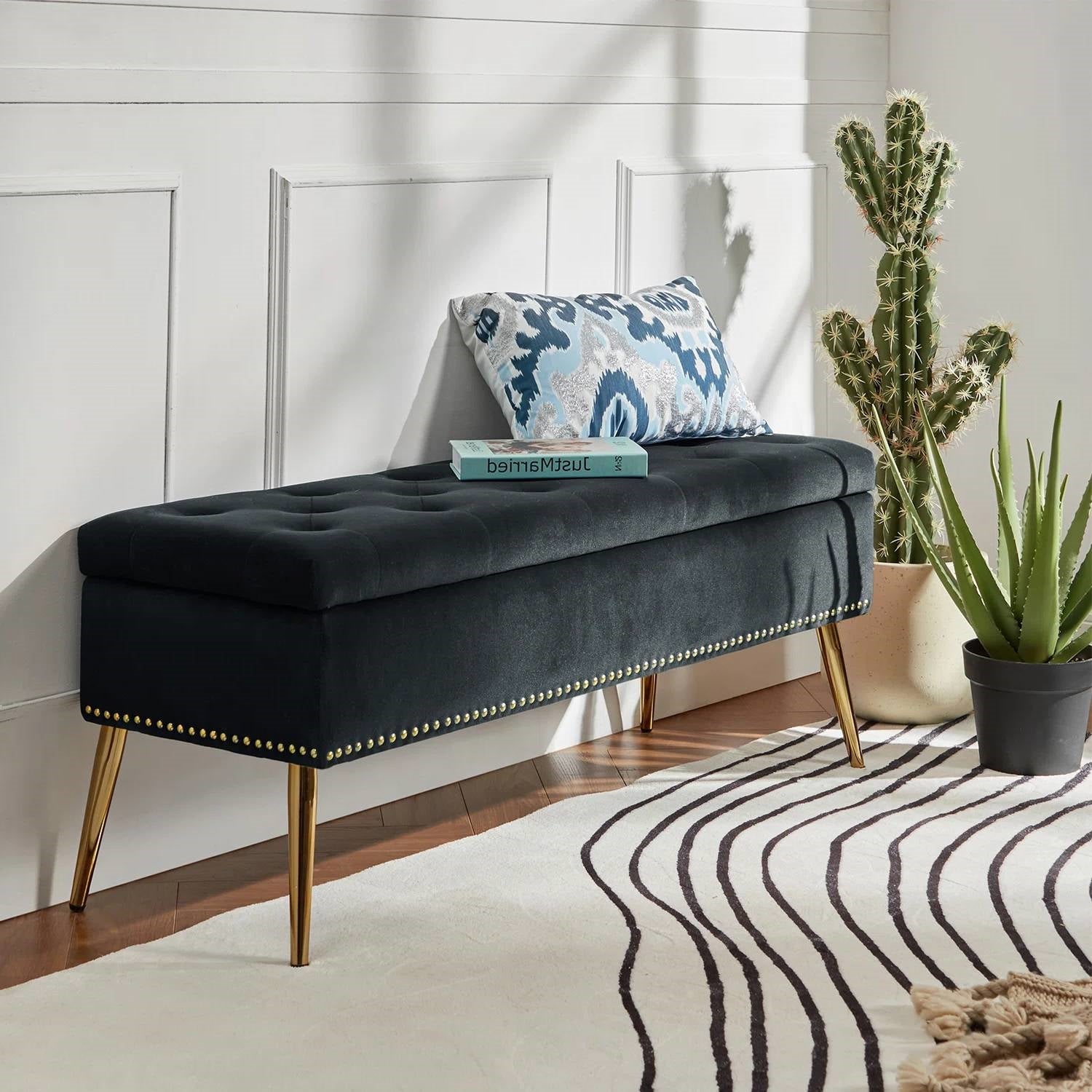 Mid-Century Modern End of Bed Storage Bench with Black Velvet Seat and Gold Legs-2