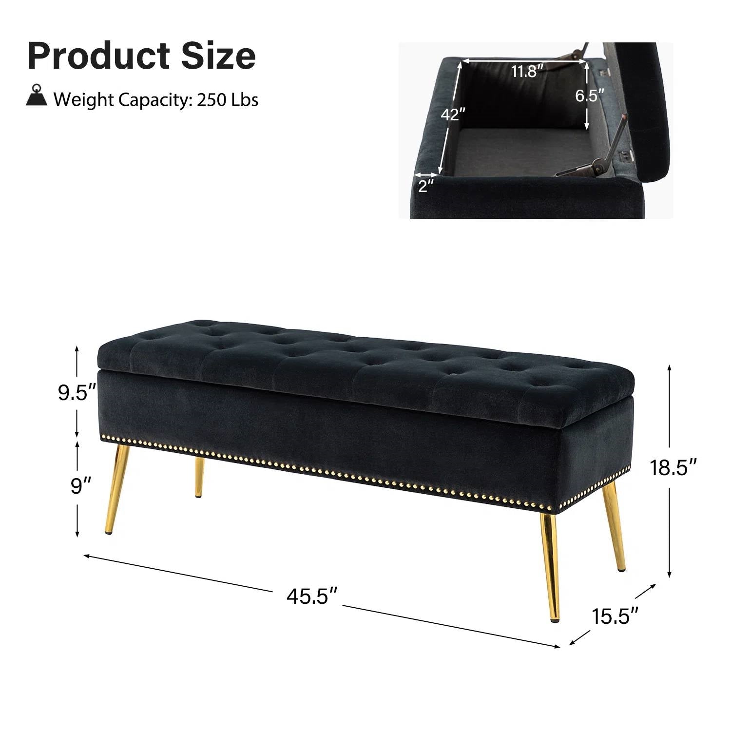 Mid-Century Modern End of Bed Storage Bench with Black Velvet Seat and Gold Legs-4