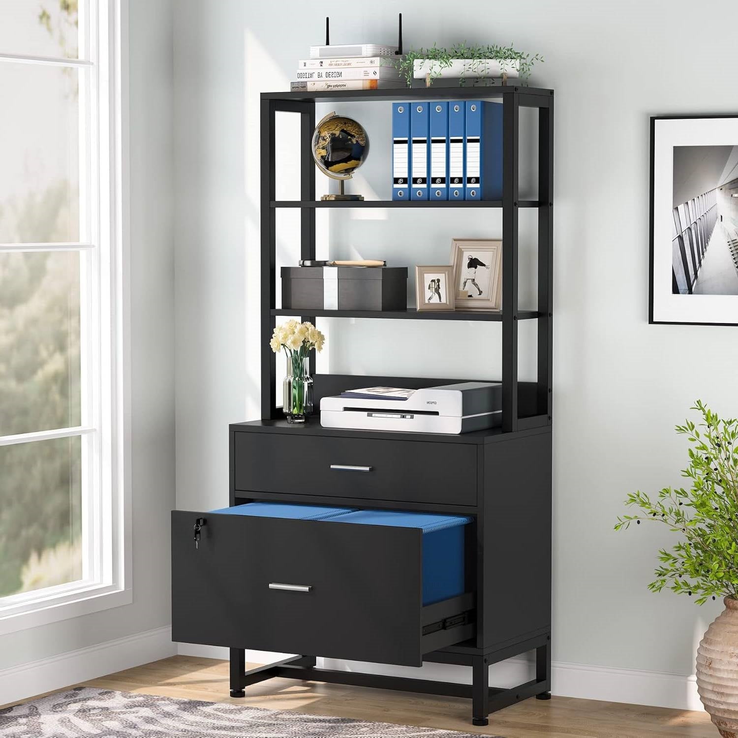Home Office Lockable 2 Drawer Filing Cabinet Bookshelf in Black Wood Finish-2