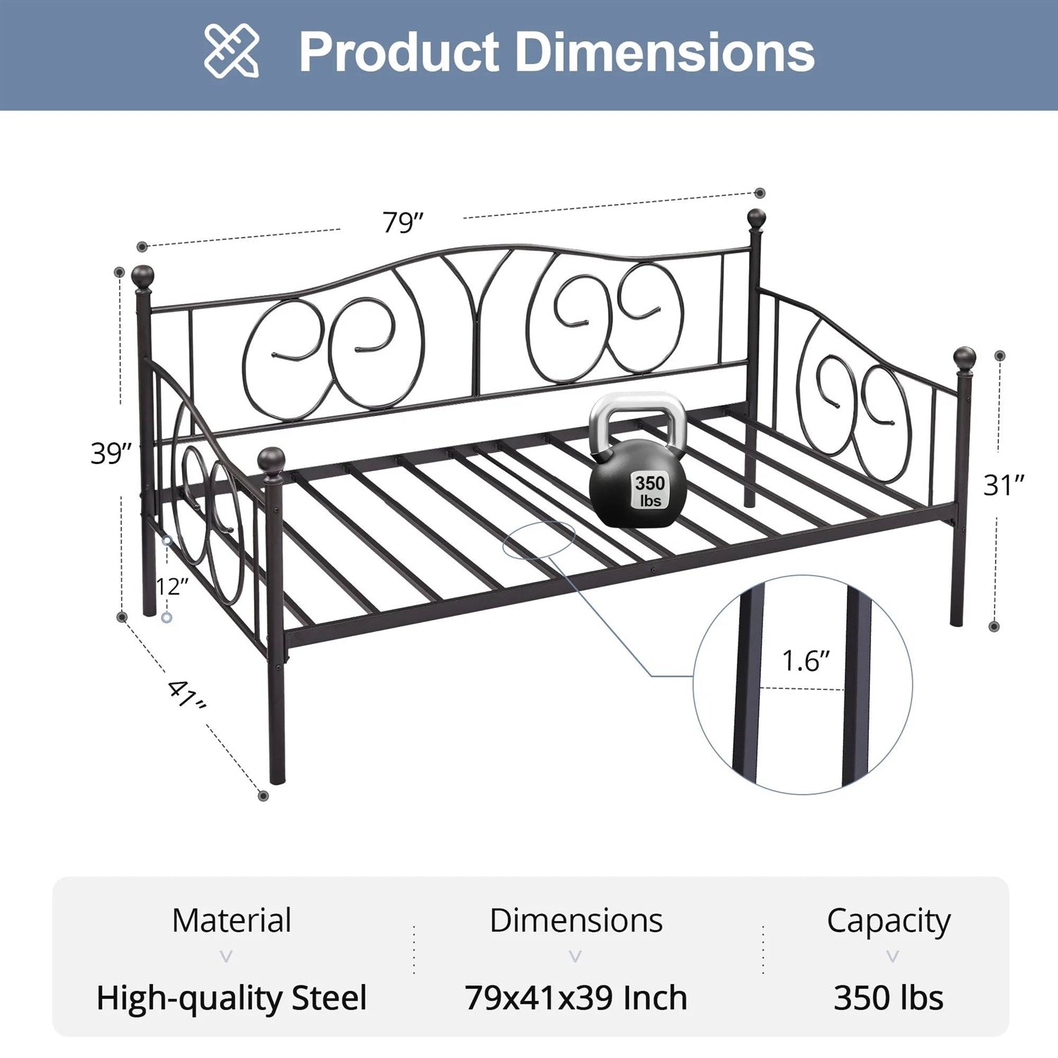 Twin size Victorian Black Metal Daybed Frame - 350 lbs. Weight Capacity-4