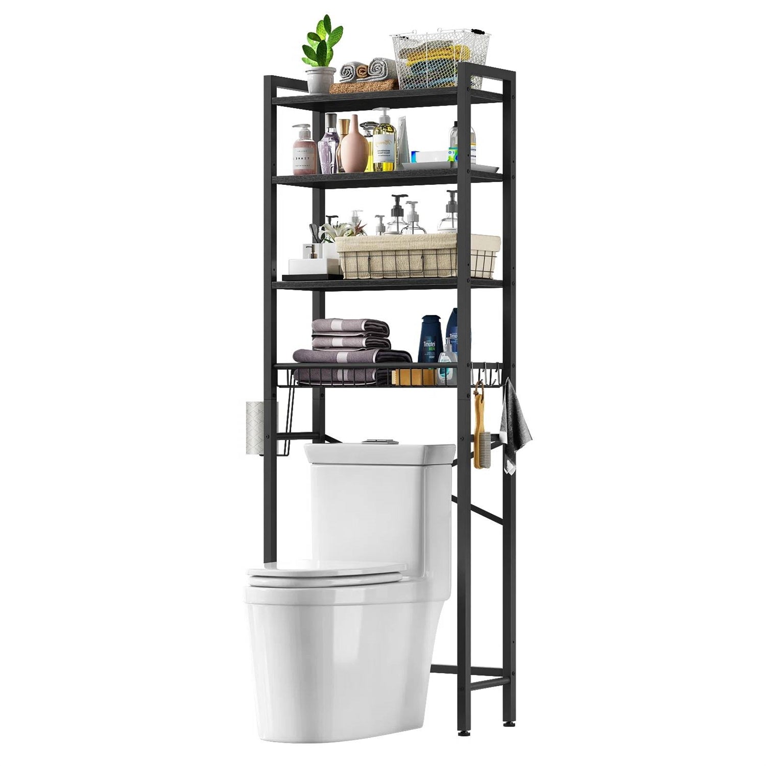 Black Over the Toilet Storage Freestanding Industrial Metal Wood Shelving Unit-2