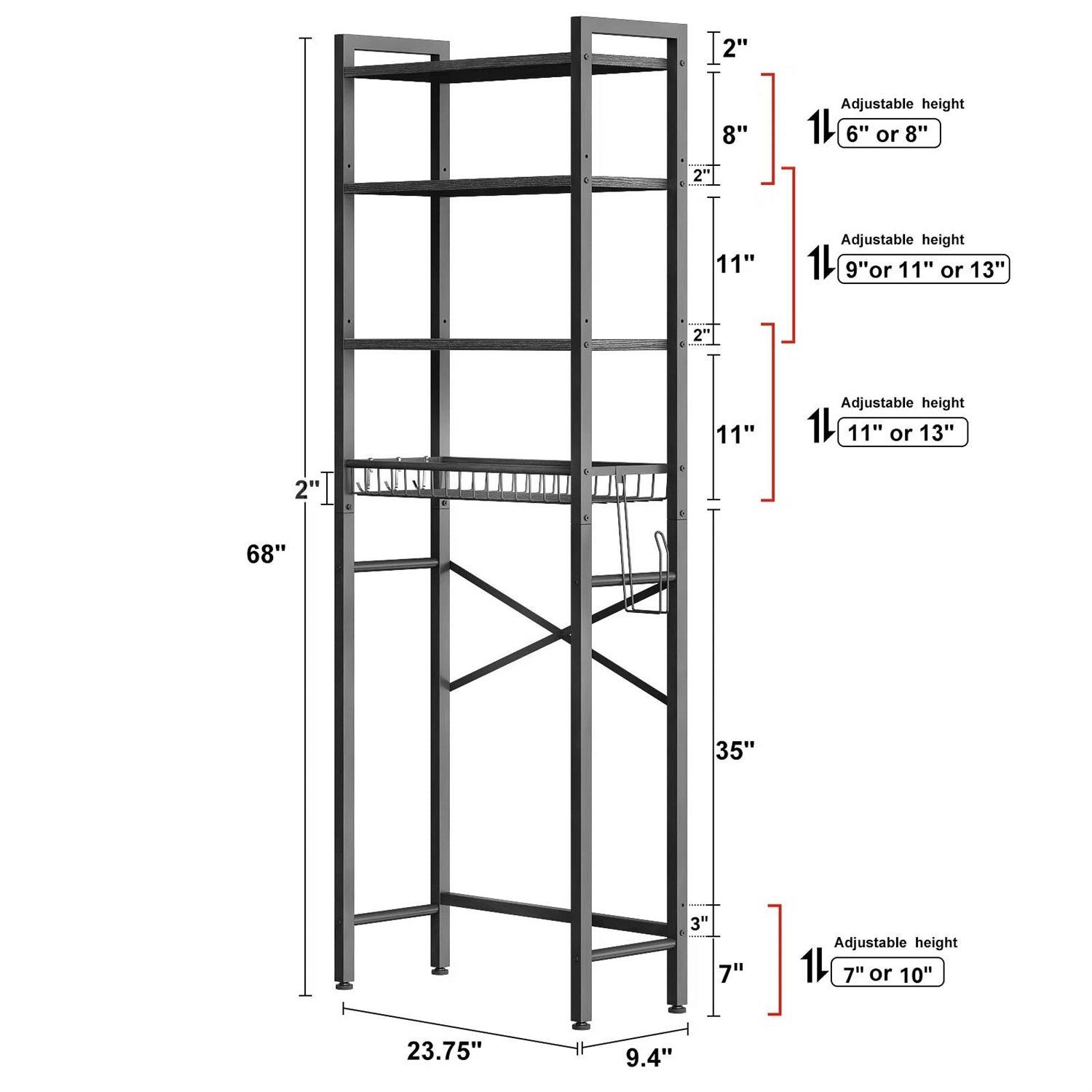 Black Over the Toilet Storage Freestanding Industrial Metal Wood Shelving Unit-4