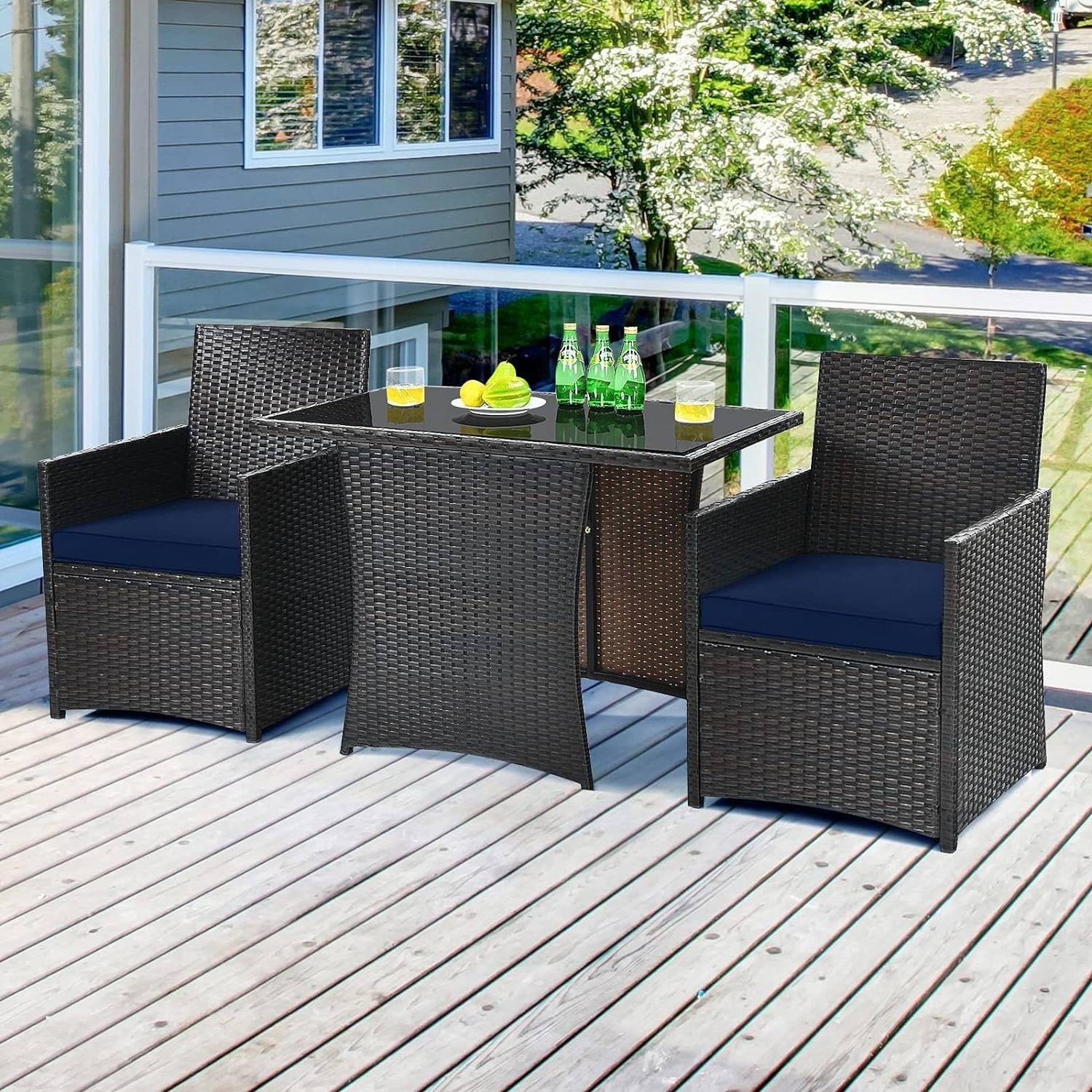 3-Piece Patio Furniture Outdoor Dining Set Brown PE Rattan Navy Blue Cushions-1