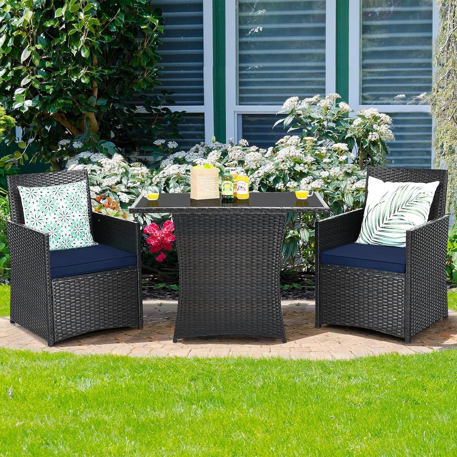 3-Piece Patio Furniture Outdoor Dining Set Brown PE Rattan Navy Blue Cushions-2