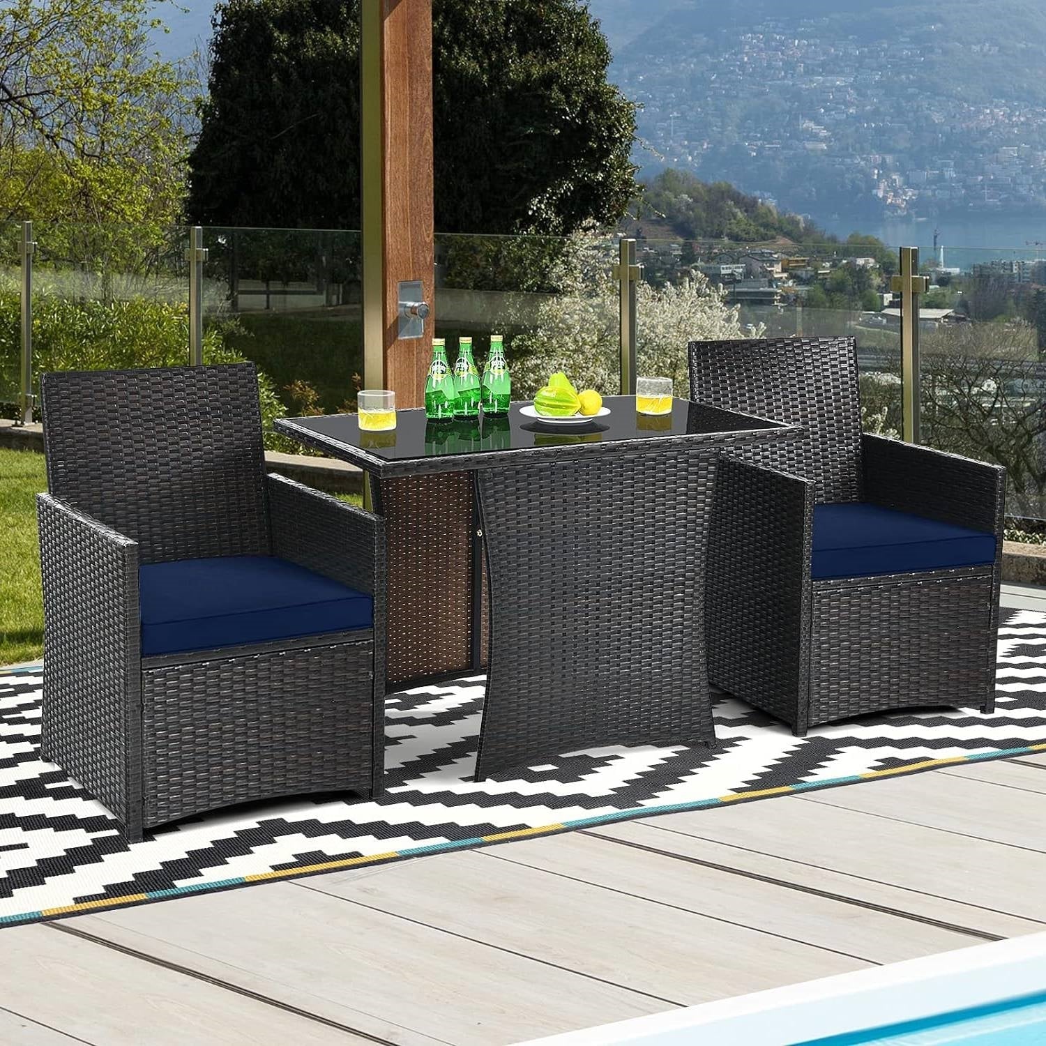 3-Piece Patio Furniture Outdoor Dining Set Brown PE Rattan Navy Blue Cushions-3