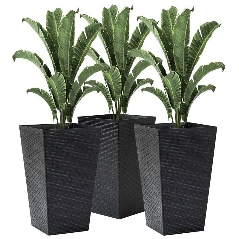 Set of 3 - Black Faux Rattan Plastic Tall Large Flower Pots-0