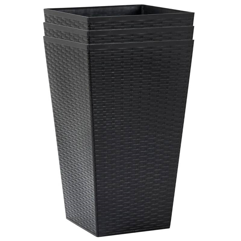 Set of 3 - Black Faux Rattan Plastic Tall Large Flower Pots-1