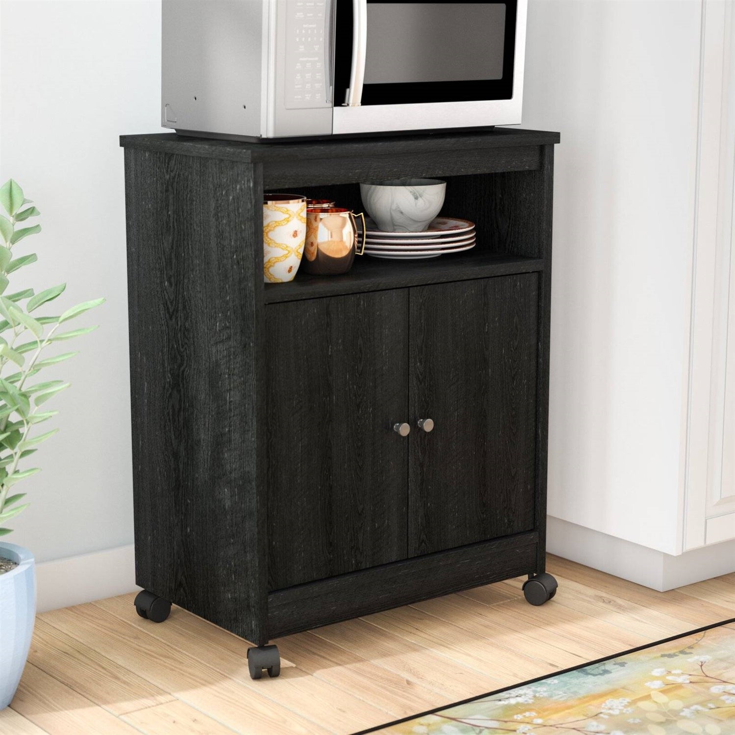 Black Utility Cart / Kitchen Microwave Cart with Casters-2