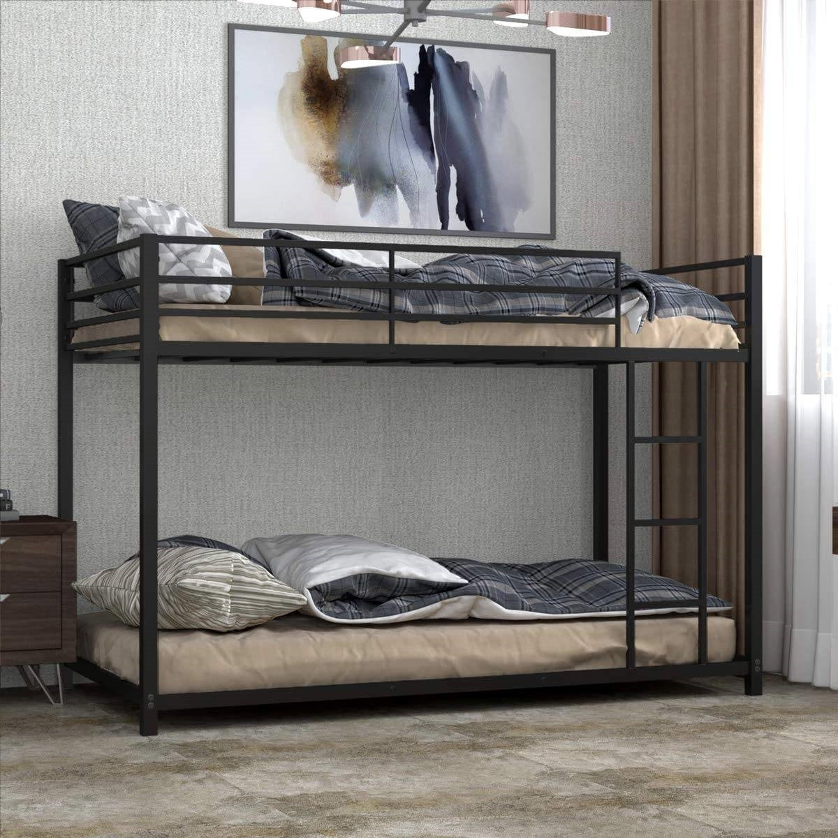 Twin over Twin Low Profile Modern Bunk Bed Frame in Black Metal Finish-1