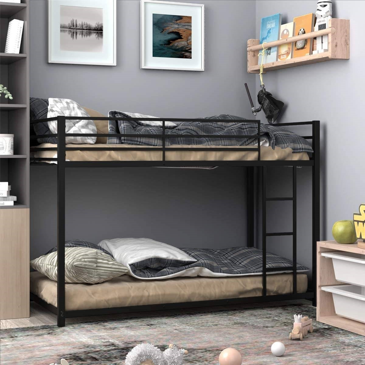 Twin over Twin Low Profile Modern Bunk Bed Frame in Black Metal Finish-2