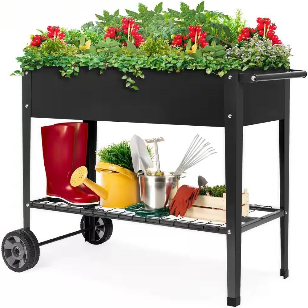 Black Metal Raised Garden Bed Planter Cart on Wheels 37-inch x 15-inch-0