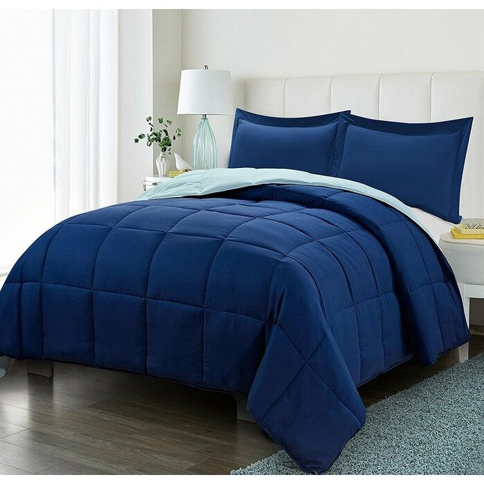 Twin/Twin XL Traditional Microfiber Reversible 3 Piece Comforter Set in Blue/Navy-1