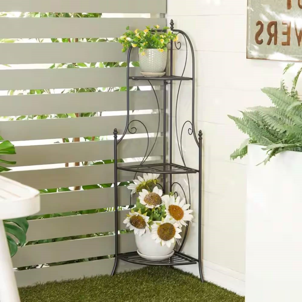 Indoor/Outdoor 3-Shelf Black Metal Corner Bakers Rack Plant Stand-2