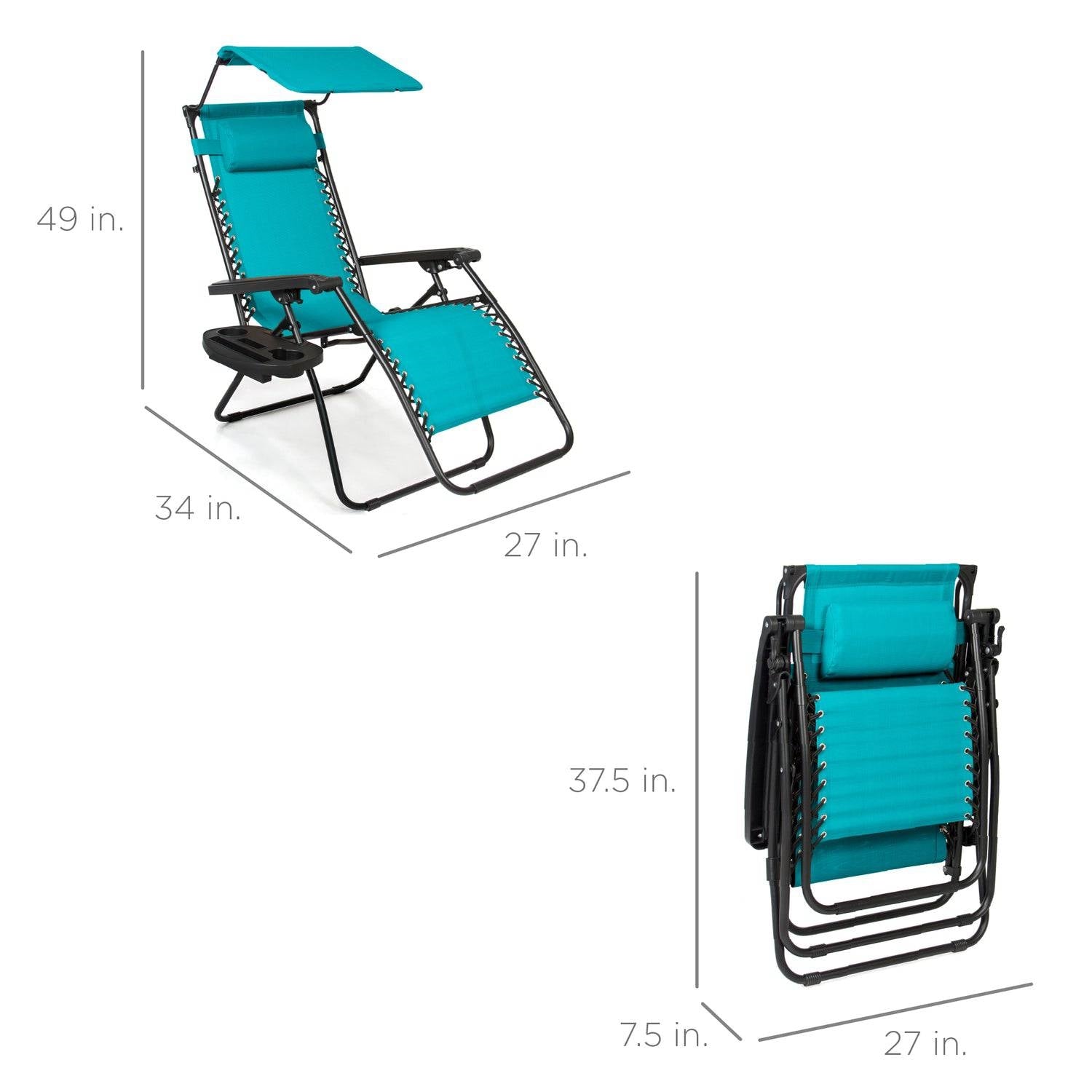 Teal Blue Zero Gravity Folding Reclining Patio Lounge Chair with Canopy-3