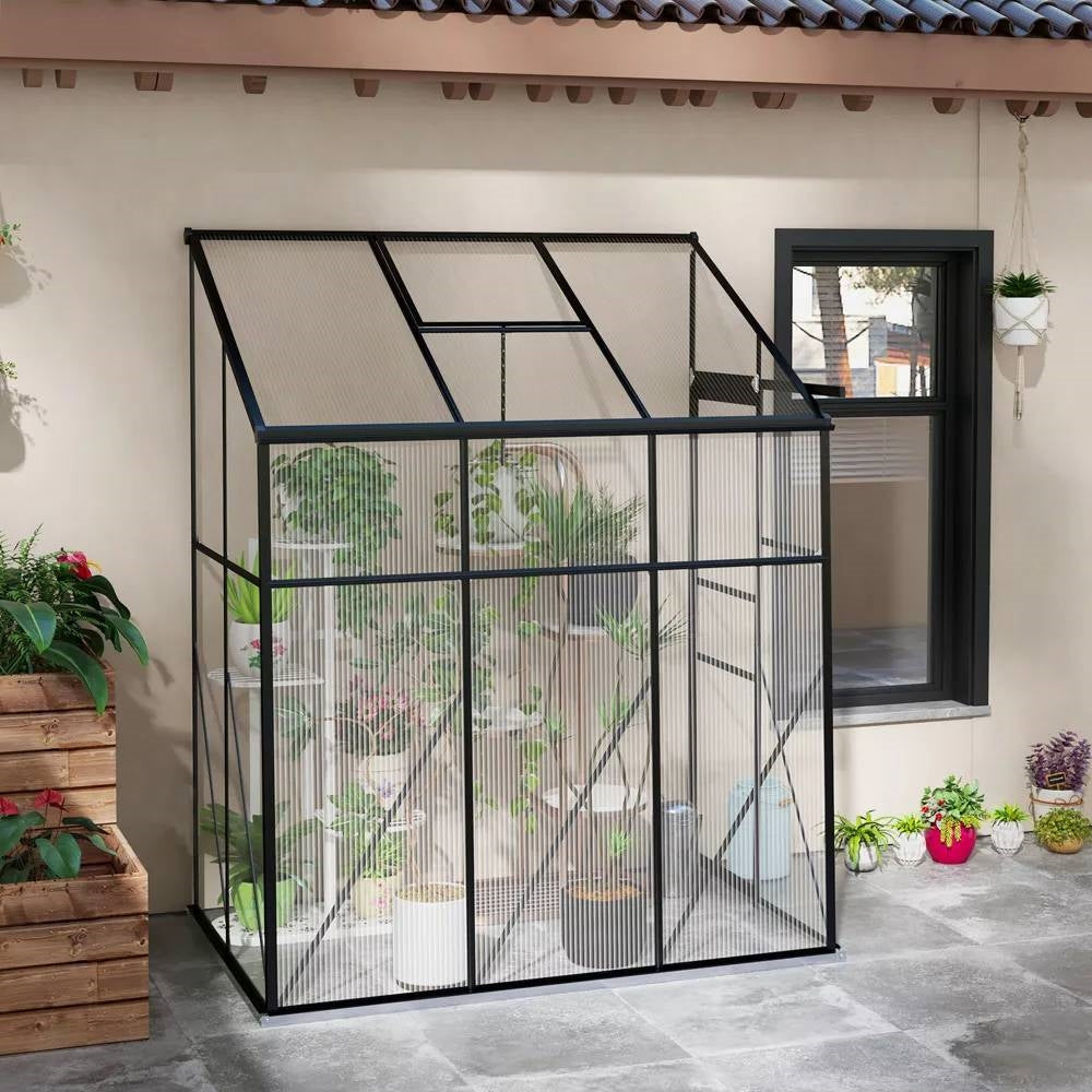 6.3 ft x 4.1 ft Outdoor Polycarbonate Lean-to Greenhouse with Black Metal Frame-0